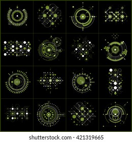 Set of vector green abstract backgrounds created in Bauhaus retro style. Modern geometric backdrops can be used as templates and layouts. Engineering technological wallpapers made with circles.