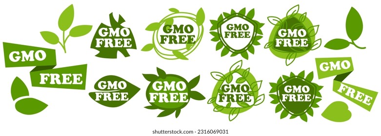 A set of vector green emblems that do not contain GMOs. Various variations of the label, the sign of natural products. Sticker for products grown without chemical additives Label quality naturalness