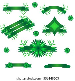 Set of vector green ribbons with flowers and twigs