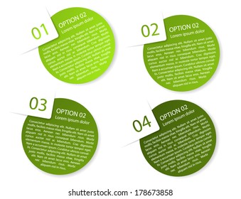 set of vector green rounded paper option labels with number of option