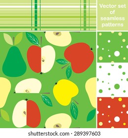 Set of vector green seamless patterns with the image of apples, pears, polka dots and backgrounds with the cell.