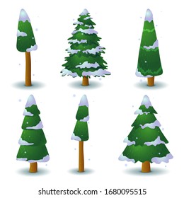 Set of vector green snowy coniferous tree. Game UI flat. Stylized spruce for logo design, decorating clothes, build 2D games or postcards. Isolated stock illustration on white background.