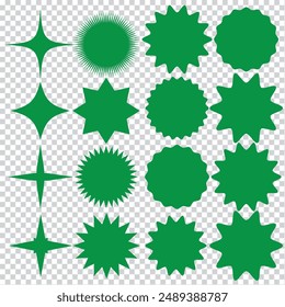 Set of Vector green Starburst Badges. Simple Flat Style Vintage Labels, Stickers.