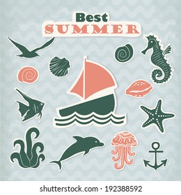 Set of vector green stickers with marine life 