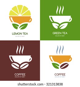 Set of vector green tea and hot coffee flat logo icons. Abstract concept for bar menu, coffee or tea shop, cafe, organic product.