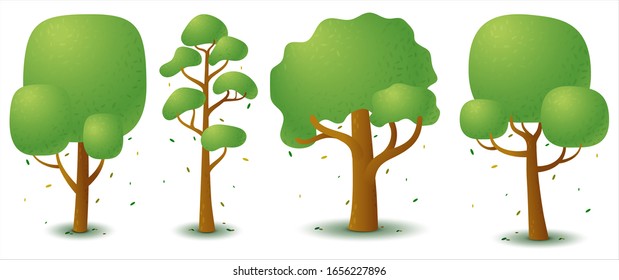 Set of vector green tree in spring and summer. Game UI flat. Stylized drawing for logo design, decorating clothes, build 2D games or postcards. Isolated stock illustration on white background.