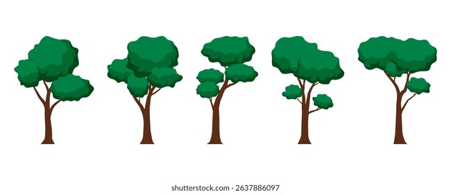 set of vector green trees, nature cartoon forest clip art.