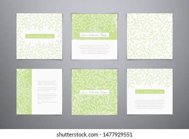 Set vector green watercolor templates. Frame with tea leaves. Vector Seamless leaves background. Watercolor design for flyer, brochure, gift card, wrapping paper