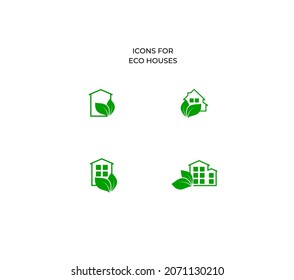 set of vector green web icons of eco houses from natural materials