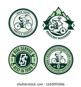 Set of vector green and white bike shop, bicycle service, mountain and road biking clubs and adventures badges