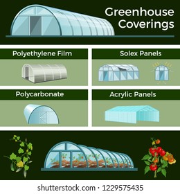 Set of vector greenhouses and high tunnels. Different types of structures and coatings