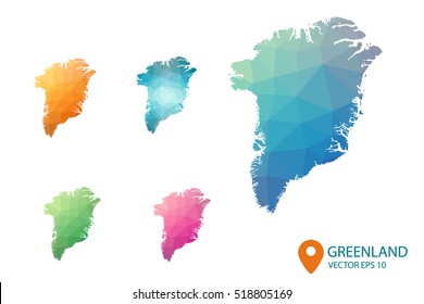 Set of vector Greenland maps. Bright gradient map of country in low poly style. Multicolored country map in geometric style for your infographics. Vector illustration eps 10.