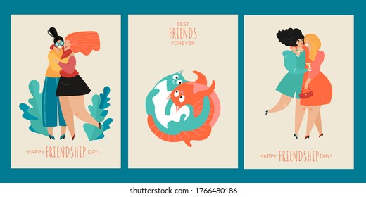 Conjunto de tarjetas de saludo vectorial o plantillas de banner para el día de amistad con niñas y gatos graciosas que abrazan. Los mejores amigos para siempre. Ilustración de dibujos animados en un estilo plano.
