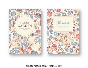 Set of vector greeting card, posters, flyers, brochures, invitation, wedding and save the date template design cards. Folk floral background pattern.