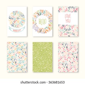 Set of vector greeting card, print, posters, flayers, brochures, invitation, wedding and save the date template design cards. Floral decorative ornamental background pattern.