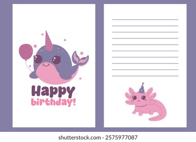 Set of vector greeting card templates. Flat style birthday card featuring a narwhal and axolotl wearing party hats with a balloon and a lined page for notes.