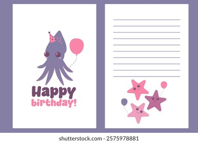 Set of vector greeting card templates. Flat style birthday card featuring a squid and starfish with party hats and balloons, accompanied by a lined page for notes.