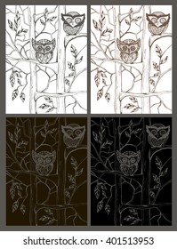 Set of Vector greeting card templates , background , invitation with a picture of owls and trees , with clouds for text
