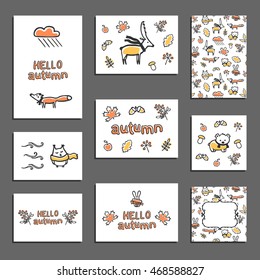 Set of vector greeting card templates. Doodle autumn illustrations. Cute animals wear scarves. Yellow and orange leaves