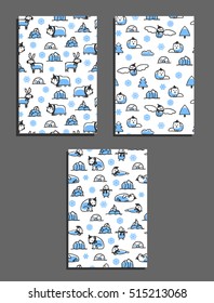 Set of vector greeting card templates with arctic animals. Childish illustrations of polar bear, reindeer, arctic fox, walrus, seal, owl, penguin and musk-ox. Animals wear scarves and hats