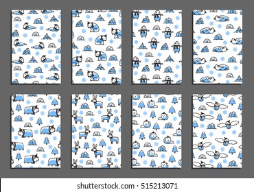 Set of vector greeting card templates with arctic animals. Childish illustrations of polar bear, reindeer, arctic fox, walrus, seal, owl, penguin and musk-ox. Animals wear scarves and hats