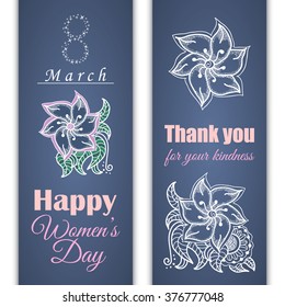 Set of vector greeting cards or banners for 8 march with place for text. Happy Women's Day. Floral pattern on blue background