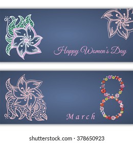 Set of vector greeting cards or banners for 8 march with place for text. Happy Women's Day. Floral pattern on blue background