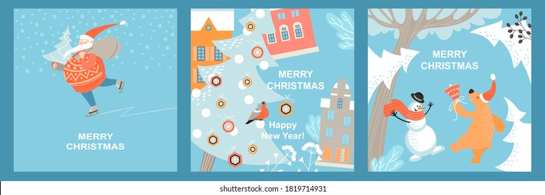 Set of vector greeting cards for Christmas and Happy New Year with funny Santa Claus, bear and snowman on the background of winter landscapes. Cartoon characters in flat style