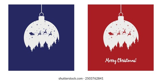 Set of vector greeting cards Christmas ball design of Santa Claus flies in a sleigh with reindeer over the forest and Christmas trees blue and red background. 