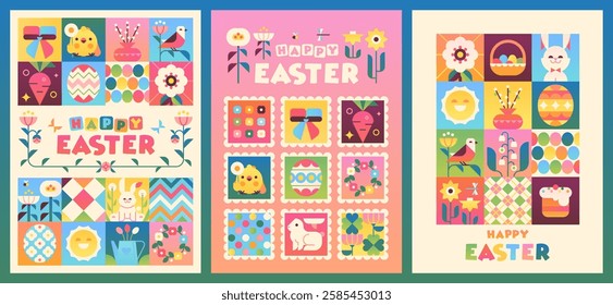 Set of Vector greeting cards concept. Happy Easter.  Cute geometric style.  Chicken, eggs, flowers, spring, decor, rabbits, bunnies, ribbons. Poster design.