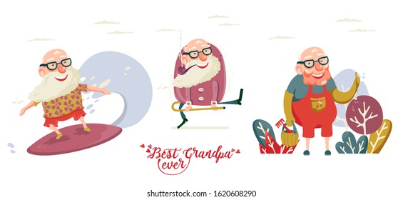 Set of vector greeting cards with Cute grandfather text. Best grandpa ever