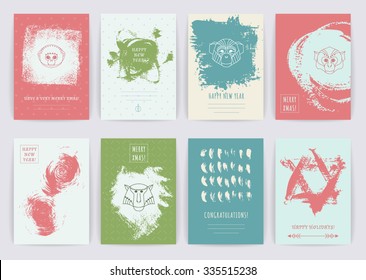 Set of vector greeting cards with geometric heads of monkey on hand-drawn background / chinese symbol of new year/ christmas /  line hipster logotype.
