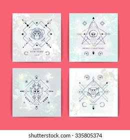 Set of vector greeting cards with geometric heads of monkey on hand-drawn background / chinese symbol of new year/ christmas /  line hipster logotype.
