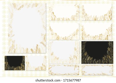 Set of vector greeting cards with gold leaves and plants on black and white background with place for text.