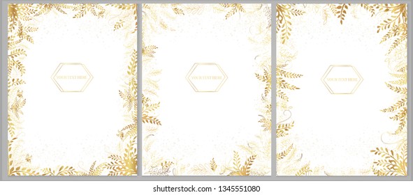 Set of vector greeting cards with golden plants and twigs on a light background. svg