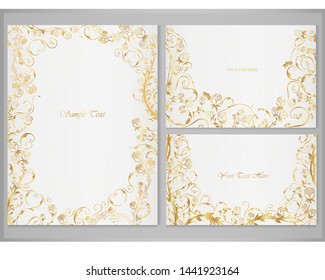 Set of vector greeting cards with golden roses and decorative ornaments on a light background