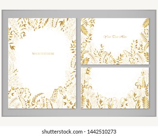 Set of vector greeting cards with golden plants and decorative ornaments on a light background
