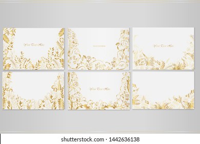 Set of vector greeting cards with golden plants, roses and decorative ornaments on a light background.