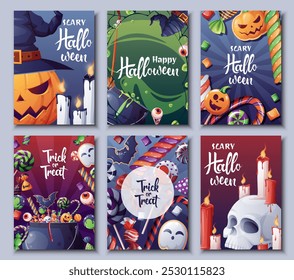 Conjunto de tarjetas de felicitación de Vector para Halloween. Caldero de bruja, calabazas de miedo, escoba, calavera, velas, caramelos. Ilustración para postales, invitaciones, Anuncios, carteles