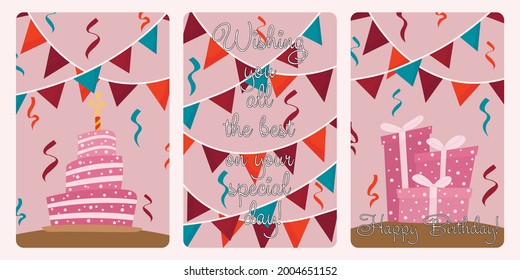 Set of vector greeting cards. Happy birthday cards for girls. Several wishes are written on the background of the image. The card has a cake with a candle, a ribbon with flags, and a bunch of gifts. 