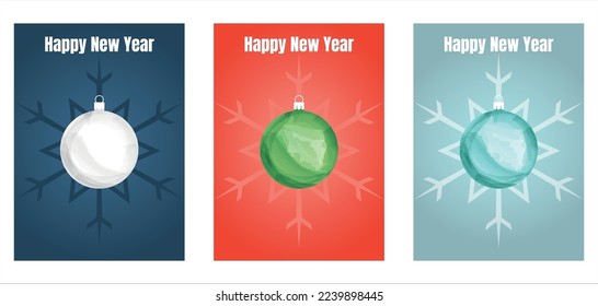 conjunto de tarjetas vectoriales de saludo feliz año nuevo. tres postales con bolas de Navidad y texto