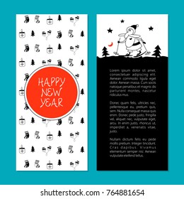 Set of vector greeting cards, illustrations, flyers. Illustration with funny Santa Claus on skis.