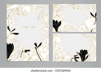 Set of vector greeting cards with lily and magnolia flowers in line art style with place for text. Golden plants.