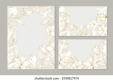 Set of vector greeting cards with lily and magnolia flowers in line art style with place for text. Golden plants.	