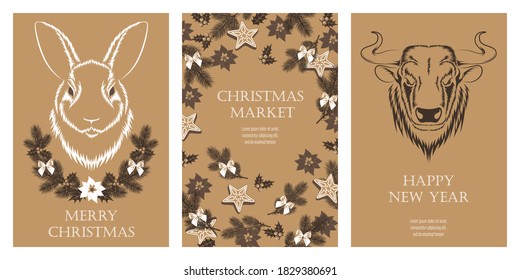 Juego de tarjetas vectoriales de bienvenida con feliz navidad y feliz año nuevo. Diseñar elementos para tarjetas de felicitación, volantes, banners, impresiones.