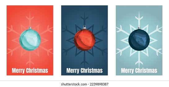 conjunto de tarjetas vectoriales de saludo alegre navidad. tres postales con bolas de Navidad y texto