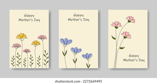 Set vector greeting cards for mother's day  
Collection backgrounds and minimalistic line drawing flowers  