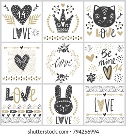 Set with vector greeting cards on Valentine's Day. Funny bears, cats, bunny and hand drawn inscriptions about love. Cute arrows, hearts, flowers. Doodle illustrations. Cartoon animals drawing.