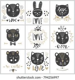 Set with vector greeting cards on Valentine's Day. Funny bears, cats, bunny and hand drawn inscriptions about love. Cute arrows, hearts, flowers. Doodle illustrations. Cartoon animals drawing.