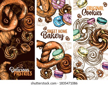 Set of vector greeting cards with pastries, buns, cookies, donuts and other Goodies. Colorful illustration for the cover and menu.